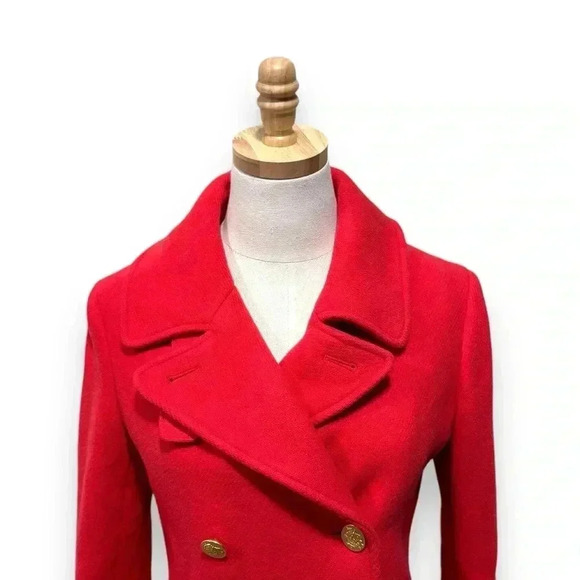 J. Crew Cherry Red Double Breasted Wool Majesty Gold Button Winter Pea Coat 6 - Picture 3 of 11